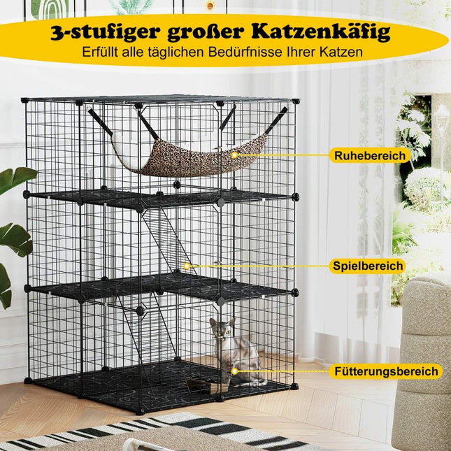 Cage pour chat 3 étages grand enclos pour chat avec hamac 2 échelles 3 portes et puits de lumière 74 x 74 x 107 cm