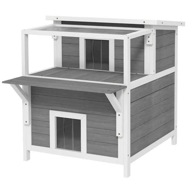 Grotte pour chat, maison pour chat en bois de sapin, maison pour chat avec balcon, entrées, pour chats jusqu'à 5 kg, extérieur, 64 x 87 x 76 cm, gris clair
