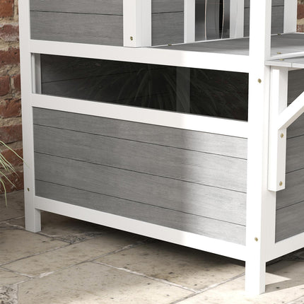 Grotte pour chat, maison pour chat en bois de sapin, maison pour chat avec balcon, entrées, pour chats jusqu'à 5 kg, extérieur, 64 x 87 x 76 cm, gris clair