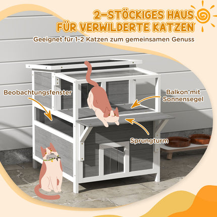 Grotte pour chat, maison pour chat en bois de sapin, maison pour chat avec balcon, entrées, pour chats jusqu'à 5 kg, extérieur, 64 x 87 x 76 cm, gris clair