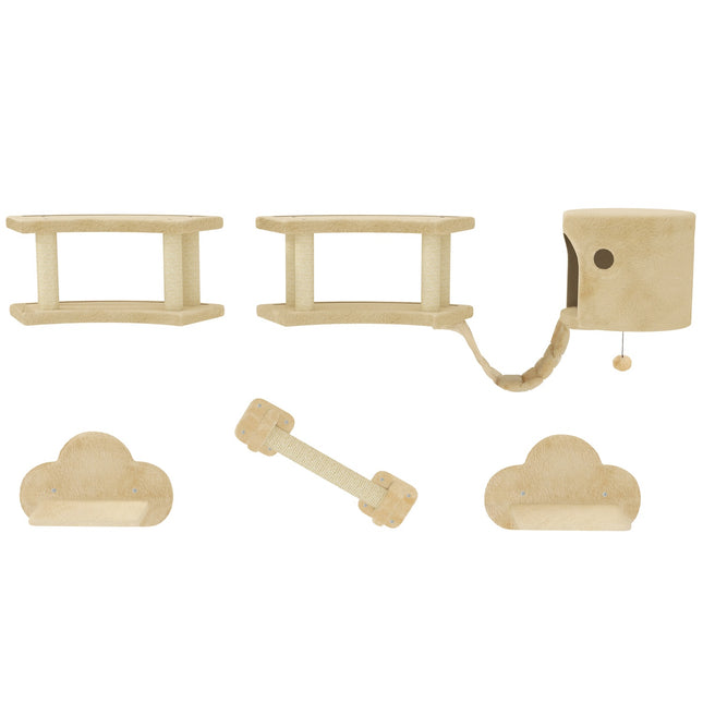 Ensemble mur d'escalade pour chat, 5 pièces, meubles pour chat avec griffoir, plateformes de saut, échelle, maison, cadre mural pour chat, pour chats jusqu'à 5 kg, peluche, beige
