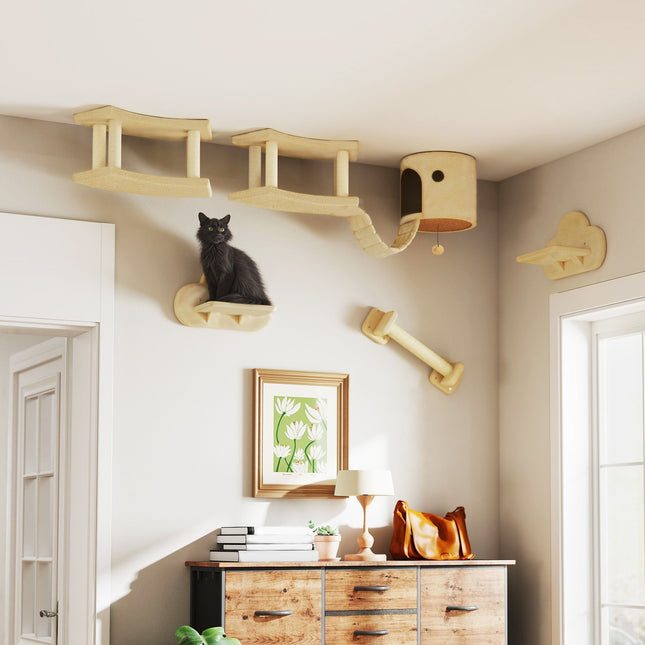 Ensemble mur d'escalade pour chat, 5 pièces, meubles pour chat avec griffoir, plateformes de saut, échelle, maison, cadre mural pour chat, pour chats jusqu'à 5 kg, peluche, beige
