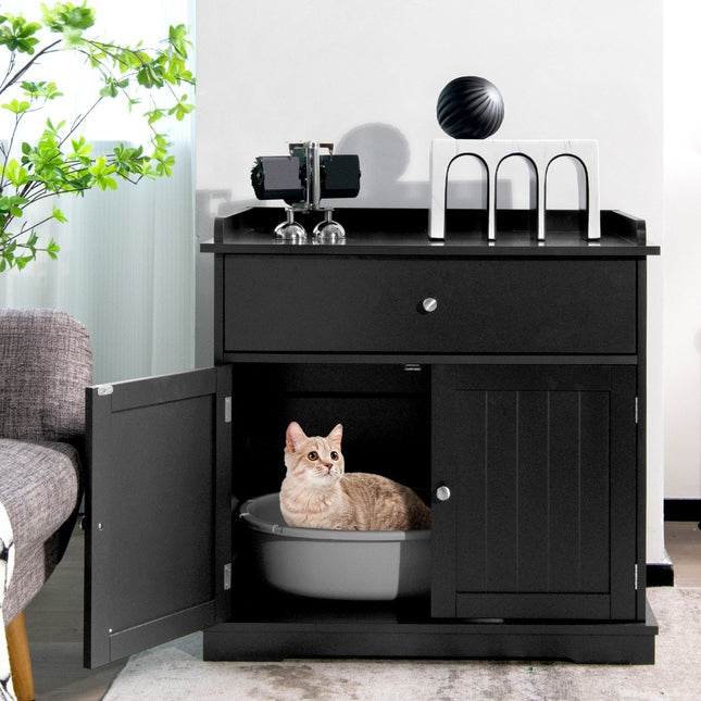 Maison pour chat avec tiroir et 2 portes 3 en 1, maison pour chat, bac à litière pour chat, table d'appoint, noir