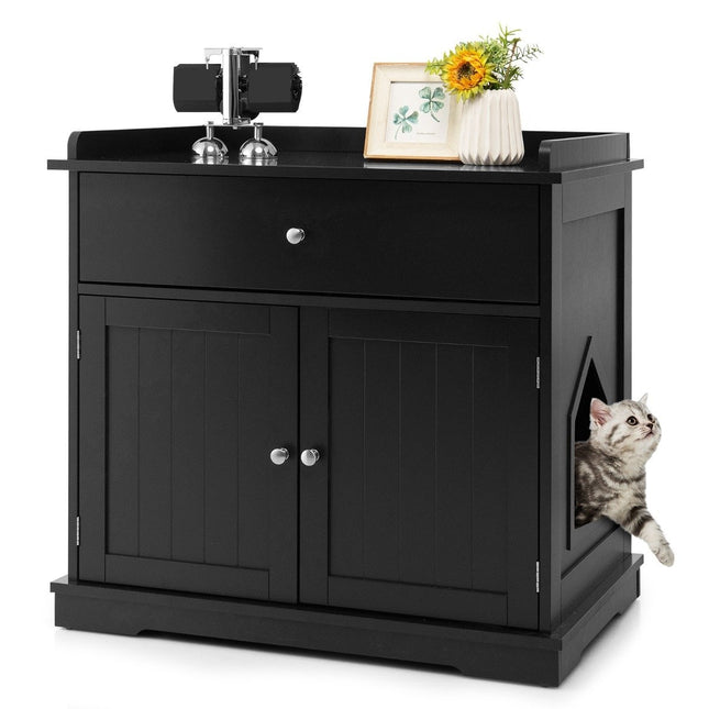 Maison pour chat avec tiroir et 2 portes 3 en 1, maison pour chat, bac à litière pour chat, table d'appoint, noir