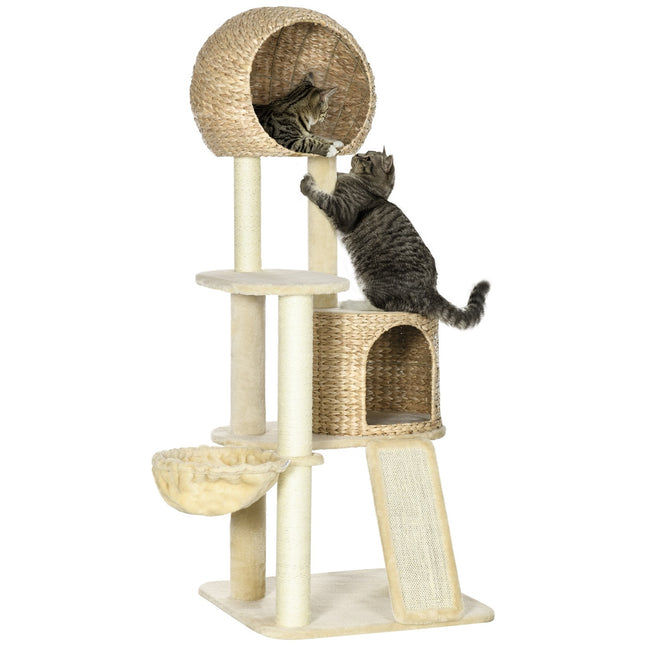 Katzenkratzbaum mit Rattanhaus und Hängematte, beige