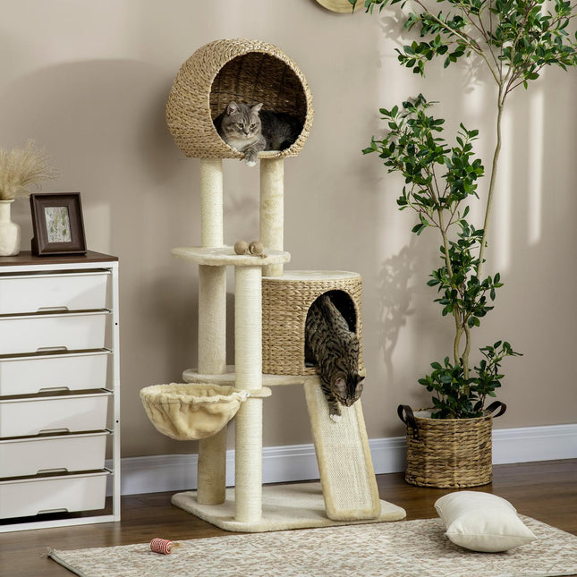 Katzenkratzbaum mit Rattanhaus und Hängematte, beige