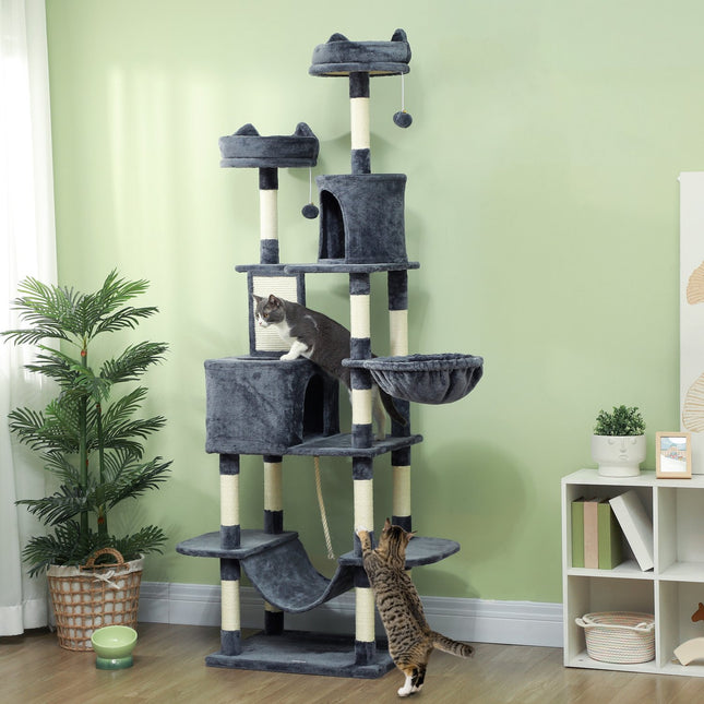 Katzenbaum 206 cm Kratzbaum mit Höhle, 2 Spielbällen, Sisalstämmen, Plattform für große Katzen, Dunkelgrau