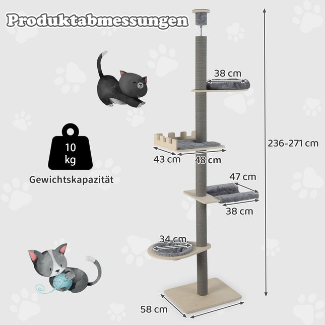 Arbre à chat à suspendre au plafond, réglable de 236 à 271 cm, gris