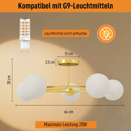 Deckenleuchte, 5x G9 Fassungen, Gold-Weiß, 64 cm
