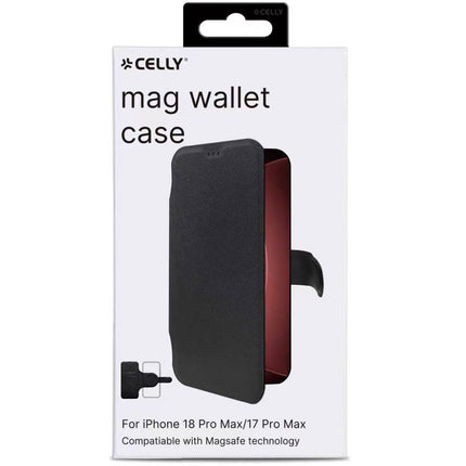 Celly Wally Mag Wallet Case für iPhone 18 Pro und 17 Pro, MagSafe, Schwarz