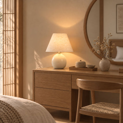 Ceramic Table Lamp with Conical Linen Shade and Cord Switch, E27, Cream White