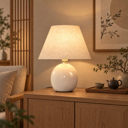 Ceramic Table Lamp with Conical Linen Shade and Cord Switch, E27, Cream White