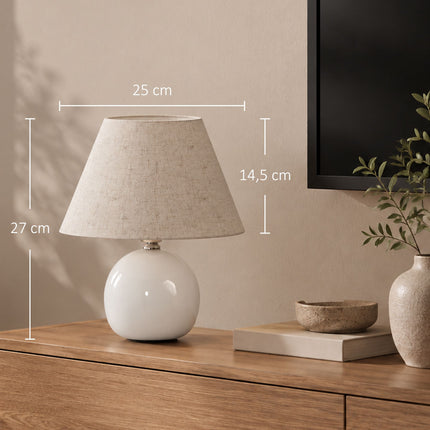 Ceramic Table Lamp with Conical Linen Shade and Cord Switch, E27, Cream White