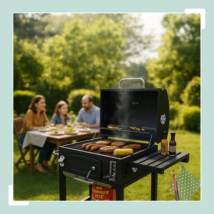 Chariot pour barbecue au charbon de bois avec couvercle, plateau réglable et thermomètre
