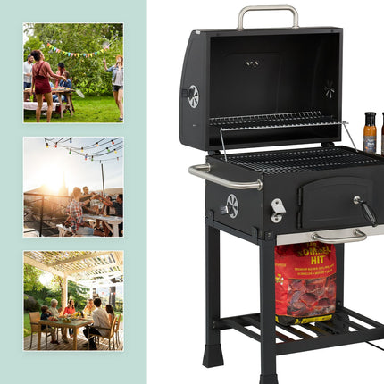 Chariot pour barbecue au charbon de bois avec couvercle, plateau réglable et thermomètre