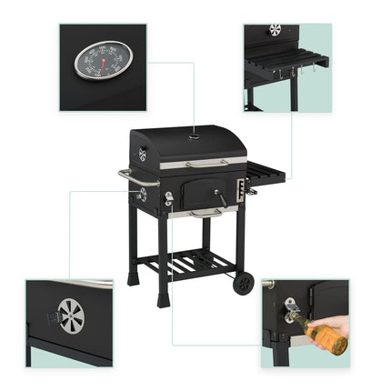 Chariot pour barbecue au charbon de bois avec couvercle, plateau réglable et thermomètre