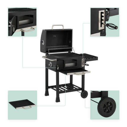 Chariot pour barbecue au charbon de bois avec couvercle, plateau réglable et thermomètre