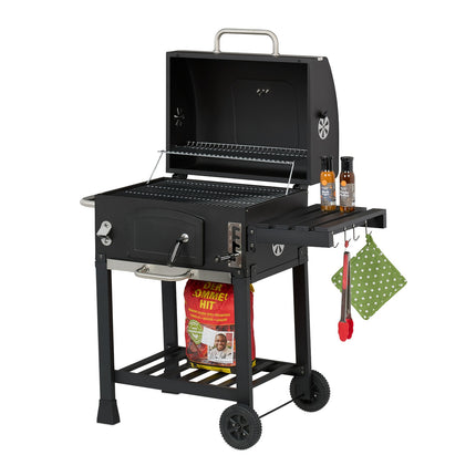 Chariot pour barbecue au charbon de bois avec couvercle, plateau réglable et thermomètre