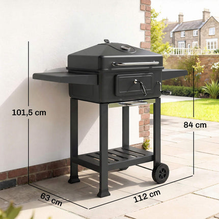 Fumoir à charbon de bois avec couvercle, thermomètre et grille réglable