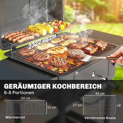 Fumoir à charbon de bois avec couvercle, thermomètre et grille réglable
