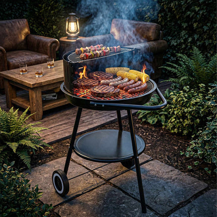 Barbecue au charbon de bois avec pare-vent et étagère de rangement, noir