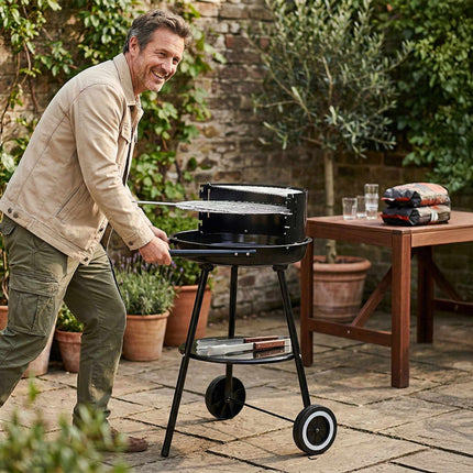 Barbecue au charbon de bois avec pare-vent et étagère de rangement, noir