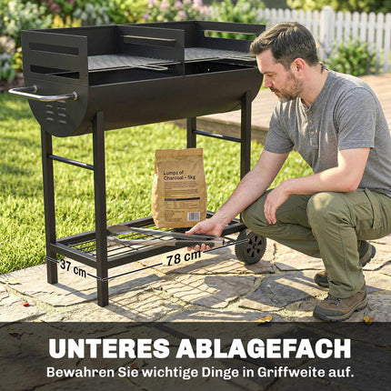 Holzkohlegrillwagen mit zwei Zonen, verstellbaren Rosten, Rollen