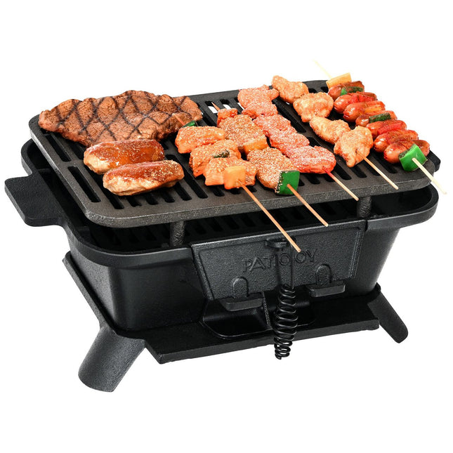 Holzkohlegrill Tragbarer Gusseisen Barbecue Grill BBQ Minigrill Tischgrill für Picknick 40x27x18cm Schwarz