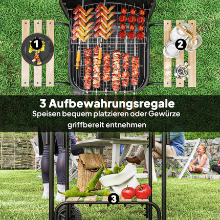 Barbecue à charbon avec couvercle verrouillable, structure en acier, surface de cuisson de 1840 cm²