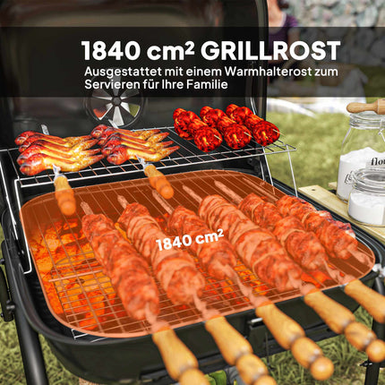 Barbecue à charbon avec couvercle verrouillable, structure en acier, surface de cuisson de 1840 cm²