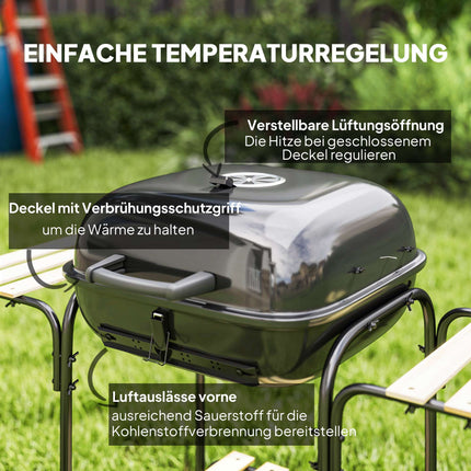 Barbecue à charbon avec couvercle verrouillable, structure en acier, surface de cuisson de 1840 cm²