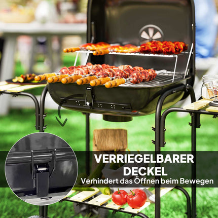 Barbecue à charbon avec couvercle verrouillable, structure en acier, surface de cuisson de 1840 cm²