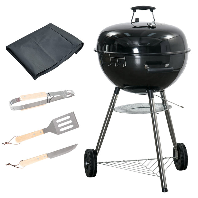 Charcoal grill with lid, thermometer & shelf - 65x65x108cm
