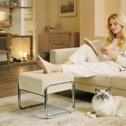 Repose-pieds en chenille, coussin épais, pieds en acier, beige