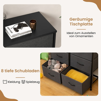 Kommode mit 8 Schubladen &amp; Metallgestell &amp; Tischplatte Stoffkommode 80 x 30 x 92 cm grau