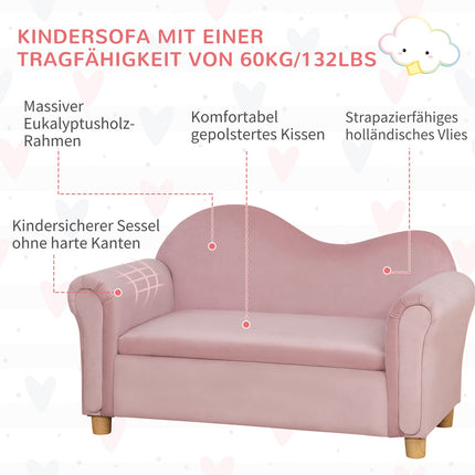 Pinkfarbenes Fleece-Kindersofa mit Stauraum, 2-Sitzer, 3-5 Jahre