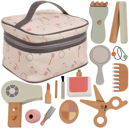 Coffret cosmétique en bois pour enfants, 17 pièces, avec pochette