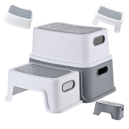 Tabouret enfant à 2 marches, antidérapant, gris/blanc