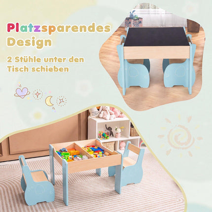 Ensemble table et chaises en bois 4 en 1 pour enfants avec tableau noir et rangement
