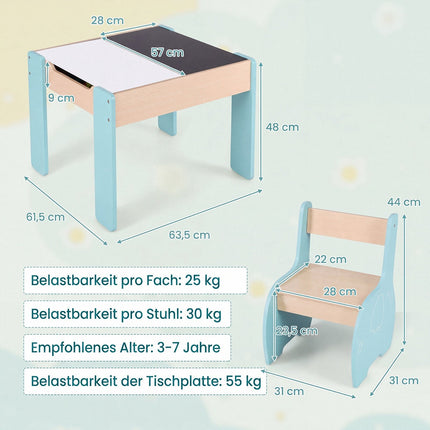 Ensemble table et chaises en bois 4 en 1 pour enfants avec tableau noir et rangement