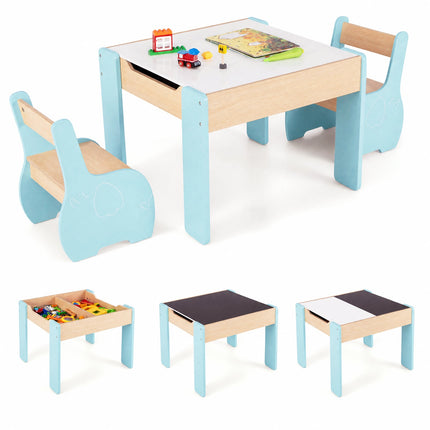 Ensemble table et chaises en bois 4 en 1 pour enfants avec tableau noir et rangement