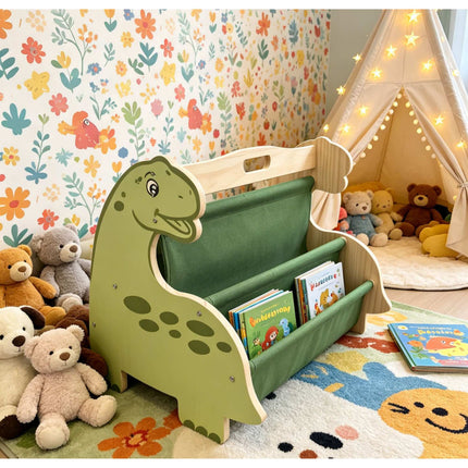 Bibliothèque pour enfants avec 4 poches en tissu – Motif dinosaure