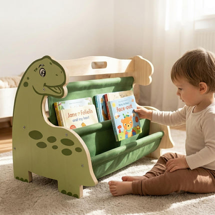 Bibliothèque pour enfants avec 4 poches en tissu – Motif dinosaure
