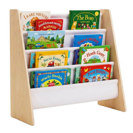 Bibliothèque pour enfants avec 4 poches en tissu, en bois naturel