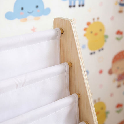 Bibliothèque pour enfants avec 4 poches en tissu, en bois naturel