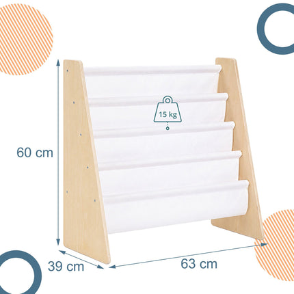 Bibliothèque pour enfants avec 4 poches en tissu, en bois naturel