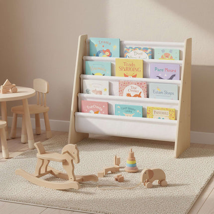 Bibliothèque pour enfants avec 4 poches en tissu, en bois naturel