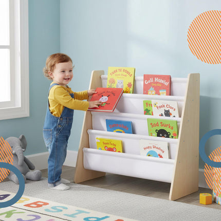 Bibliothèque pour enfants avec 4 poches en tissu, en bois naturel