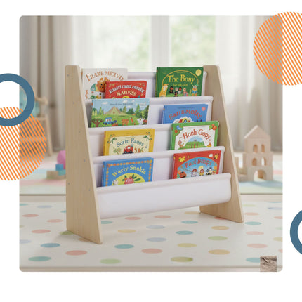 Bibliothèque pour enfants avec 4 poches en tissu, en bois naturel
