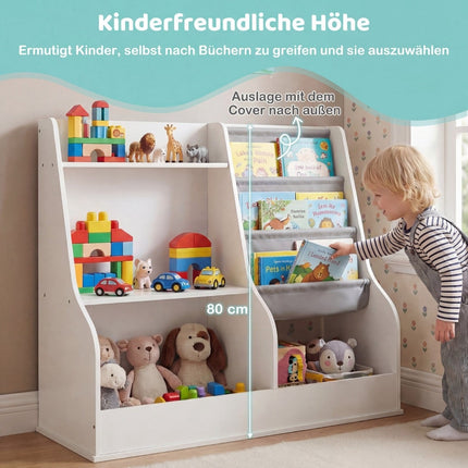 Bibliothèque pour enfants avec 3 compartiments à pochettes en tissu, blanche